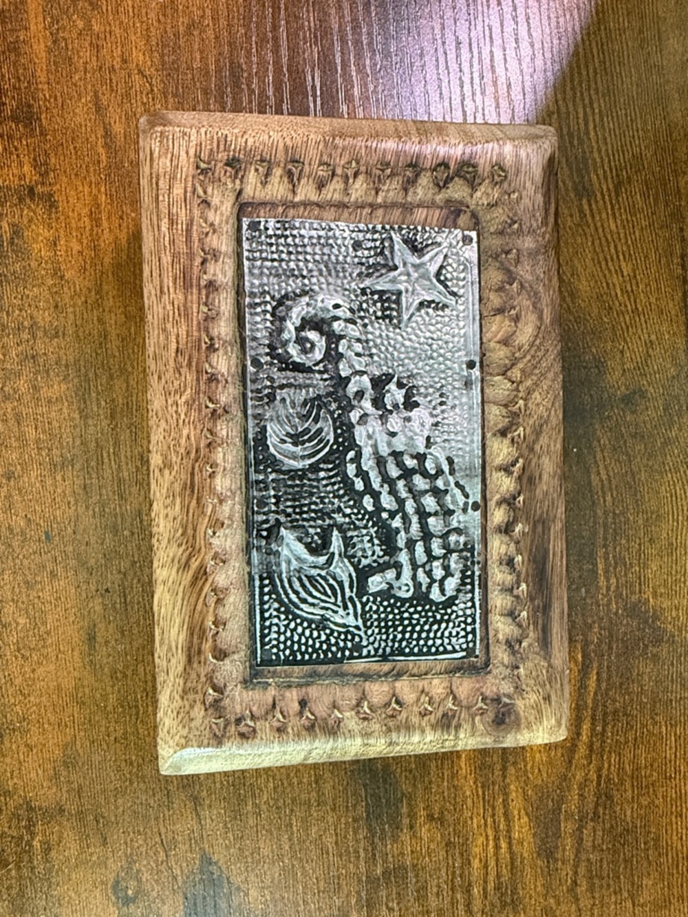 Handcrafted Brown Wooden Box with Silver Seahorse Panel